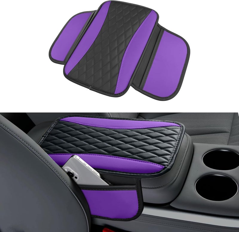Tioollev Patchwork Leather Car Center Console Cover,Microfiber Leather Vehicle Armrest Protector Cushion with 2 Storage Bags,Universal Cars Armrest Cushion for SUV, Sedan, Truck (Purple) - Image 1